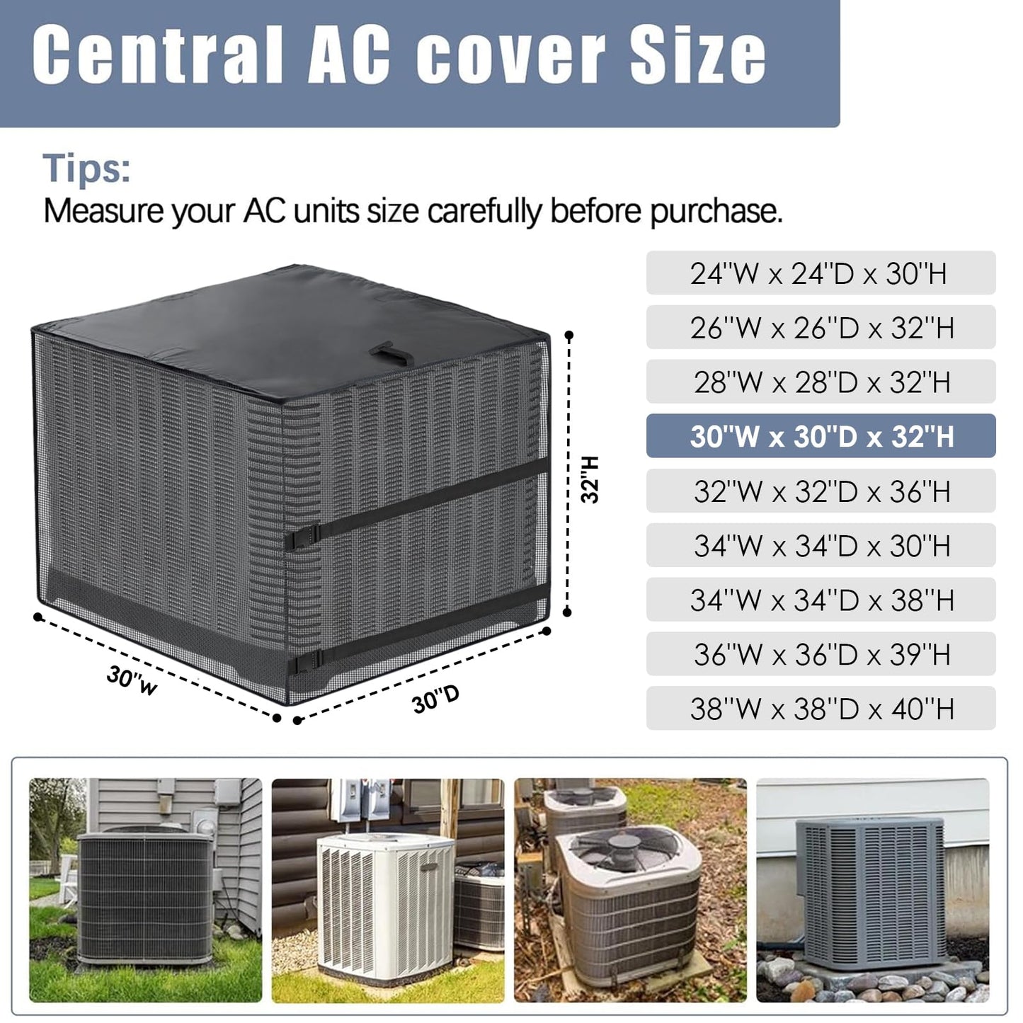 Air Conditioner Covers for Outside, Breathable Full Mesh With Waterproof Top Air Conditioner Cover for All Seasons, AC Unit Cover Protect from Cotttonwood Fluff, Leaves, Debris, 30x30x32 Inch-Black