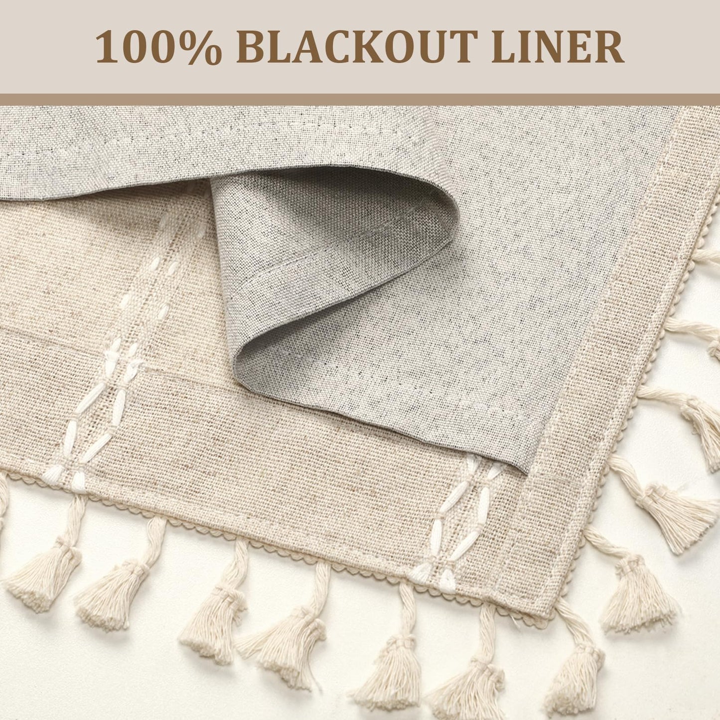 XOGUIBO Boho Blackout Curtains 63 Inches Long Beige Linen Blend 2 Panels with Tassels and Cotton Embroidery, Farmhouse Vintage Rustic Rod Pocket Drapes for Living Room or Bedroom