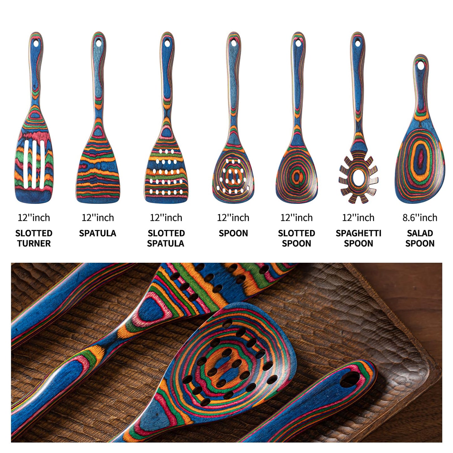Gudamaye Pakka wood 7-Piece Blue Wooden Cooking Utensils, Wooden Spoons for Cooking, Wooden Spoon Set, Wooden Kitchen Utensil set, Pakkawood Cooking Spoons, Non-Stick Spoon,Pakkawood kitchen utensils