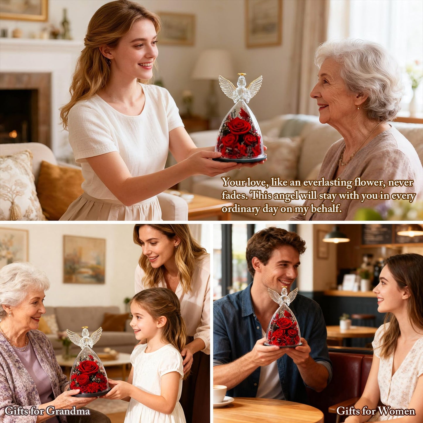 AIMEYE Mothers Day Roses Gifts for Mom,Forever Preserved Real Flowers Roses in Glass Angel Figurines,Mothers Day Flowers Gifts for Women Mom Wife Grandma from Daughter/Red