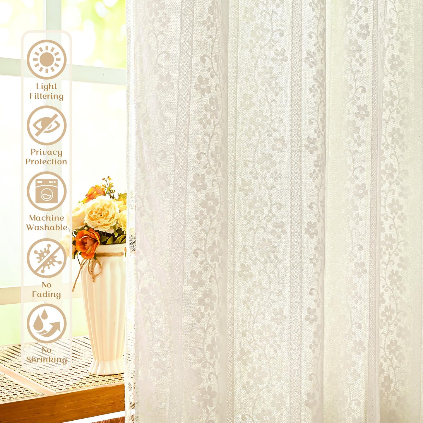ASPMIZ Linen Curtains for Bedroom, Double Layered Boho Curtain for Living Room Farmhouse Curtain 84 Inch Length 2 Panels Set, Rustic Curtains & Drapes Rod Pocket with Tiebacks, 52 x 84 Inch, Beige