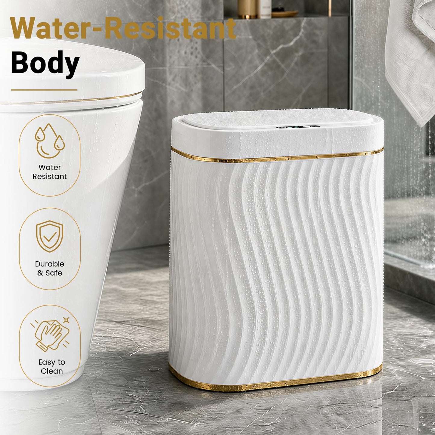 Bathroom Small Trash Can with Automatic Touchless Lid, 2.6 Gallon Smart Garbage Can Narrow Waterproof Trash Bin for Bedroom, Office, Living Room