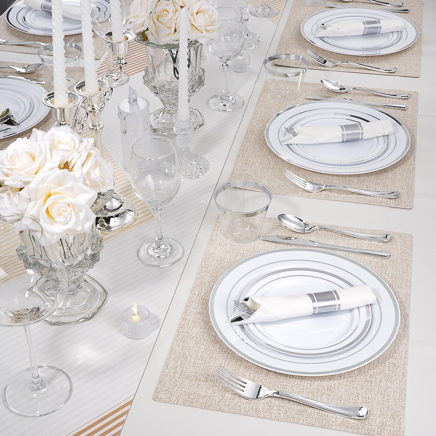 realluck 350 PCS White and Silver Plastic Dinnerware Set for 50 Guests, 100 Disposable Plates for Party, 50 Pre Rolled Napkins with Silver Silverware, 50 Cups