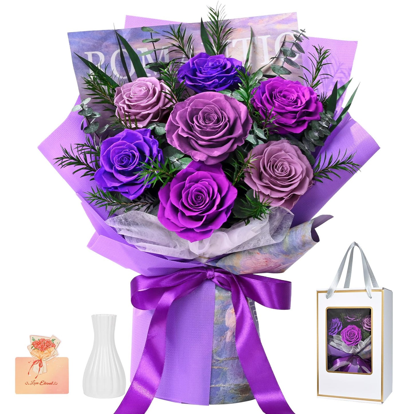 Flowers for Delivery Prime 7 Roses, Mothers Day Flowers for Mom, Mothers Day Gifts, Forever Preserved Purple Flower Bouquet Eternas Rose Birthday Gifts for Women Gf Gifts Wedding Anniversary