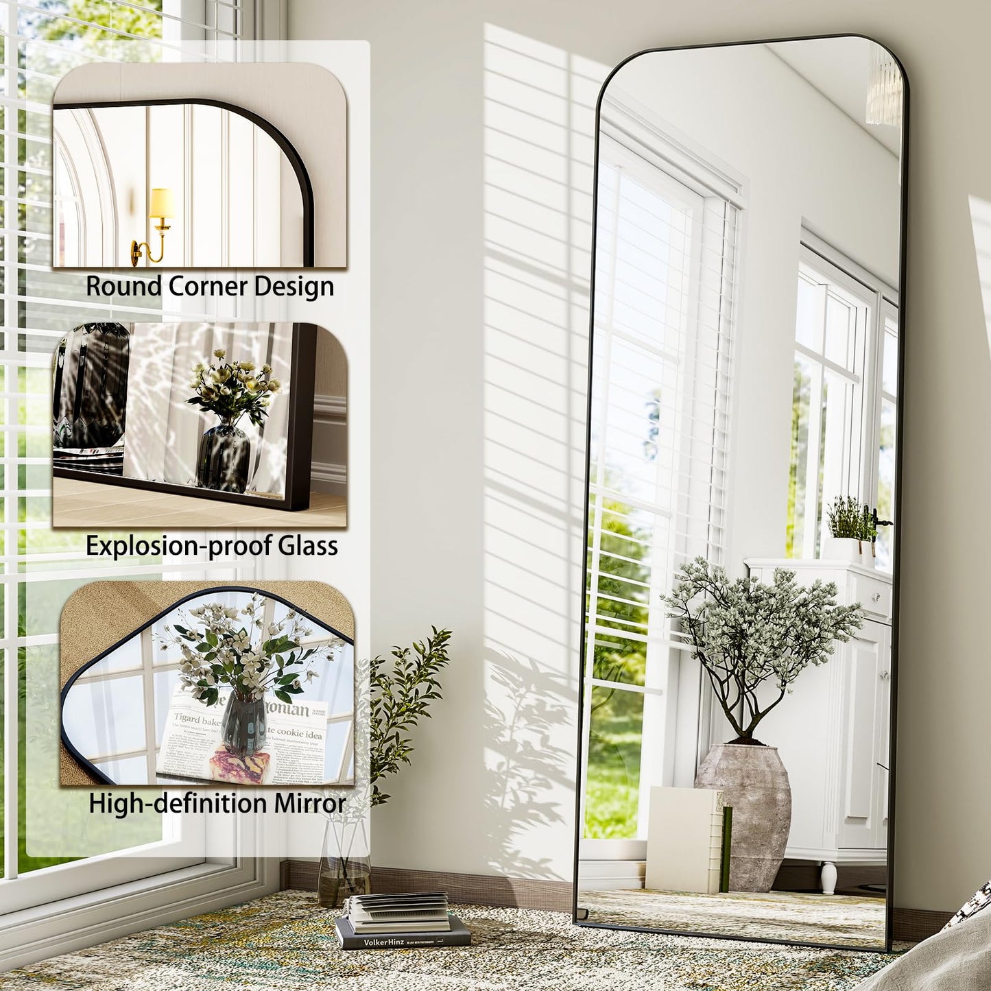 HARRITPURE 57"x20" Full Length Mirror, Black Rounded Corner Aluminum Frame Standing Mirror, Hanging/Leaning Wall Floor Mirror with Stand for Living Room Bedroom Cloakroom