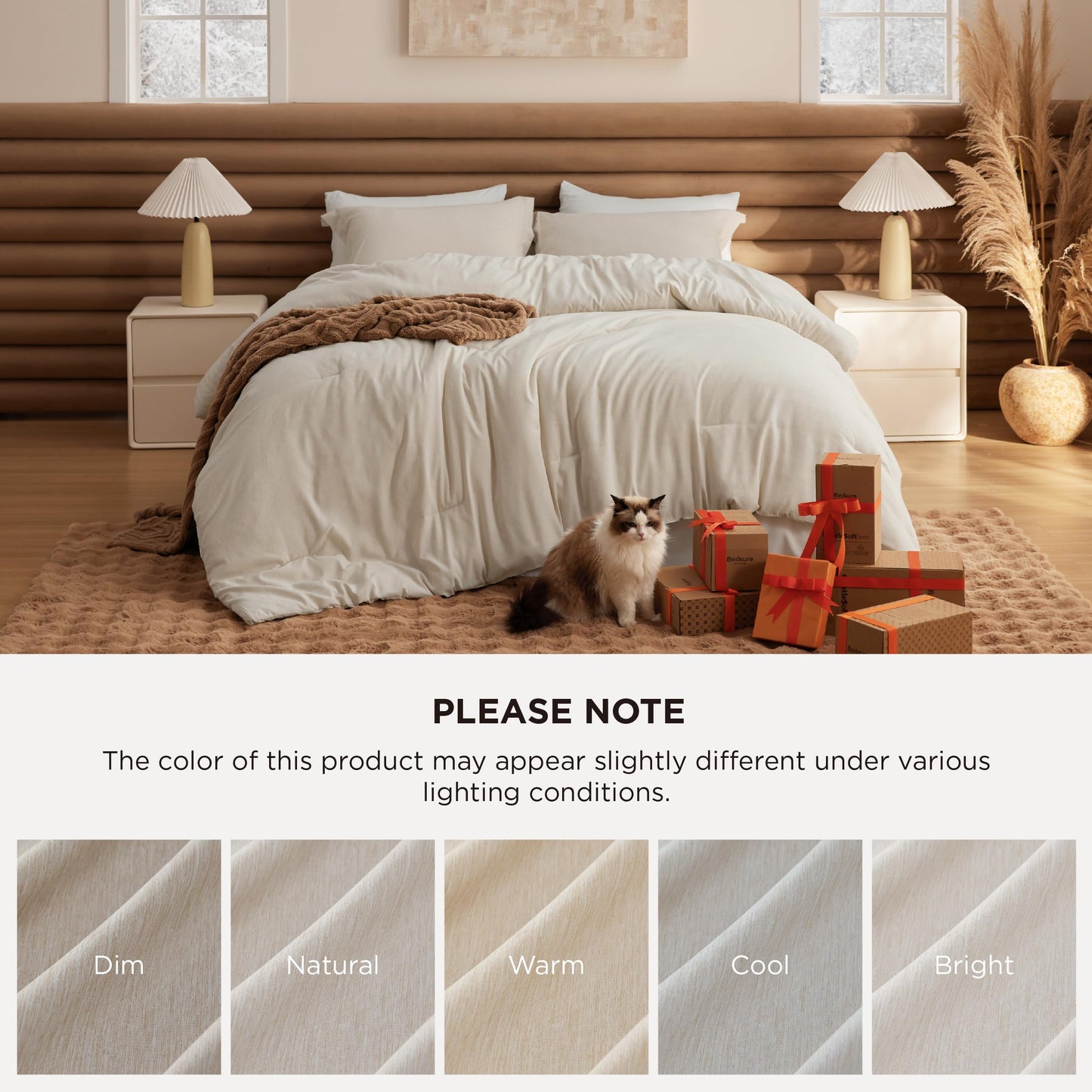 Bedsure King Size Comforter Set - Beige King Comforter Set, Soft Bedding for All Seasons, Cationic Dyed Bedding Set, 3 Pieces, 1 Comforter (104"x90") and 2 Pillow Shams (20"x36"+2")