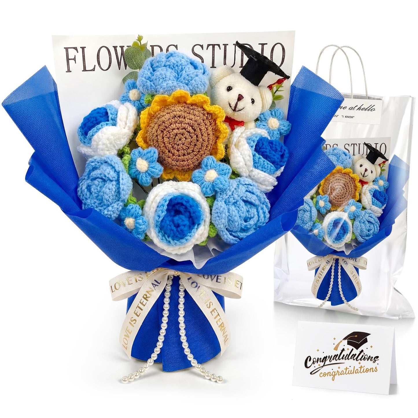 Giegxin Large Graduation Bear Flower Bouquet Set Crochet Graduation Bouquet Gift 2026 Handmade Sunflower Rose Greeting Card Gift Bag for Birthday Teacher Appreciation Grad Party Favor Supplies(Blue)