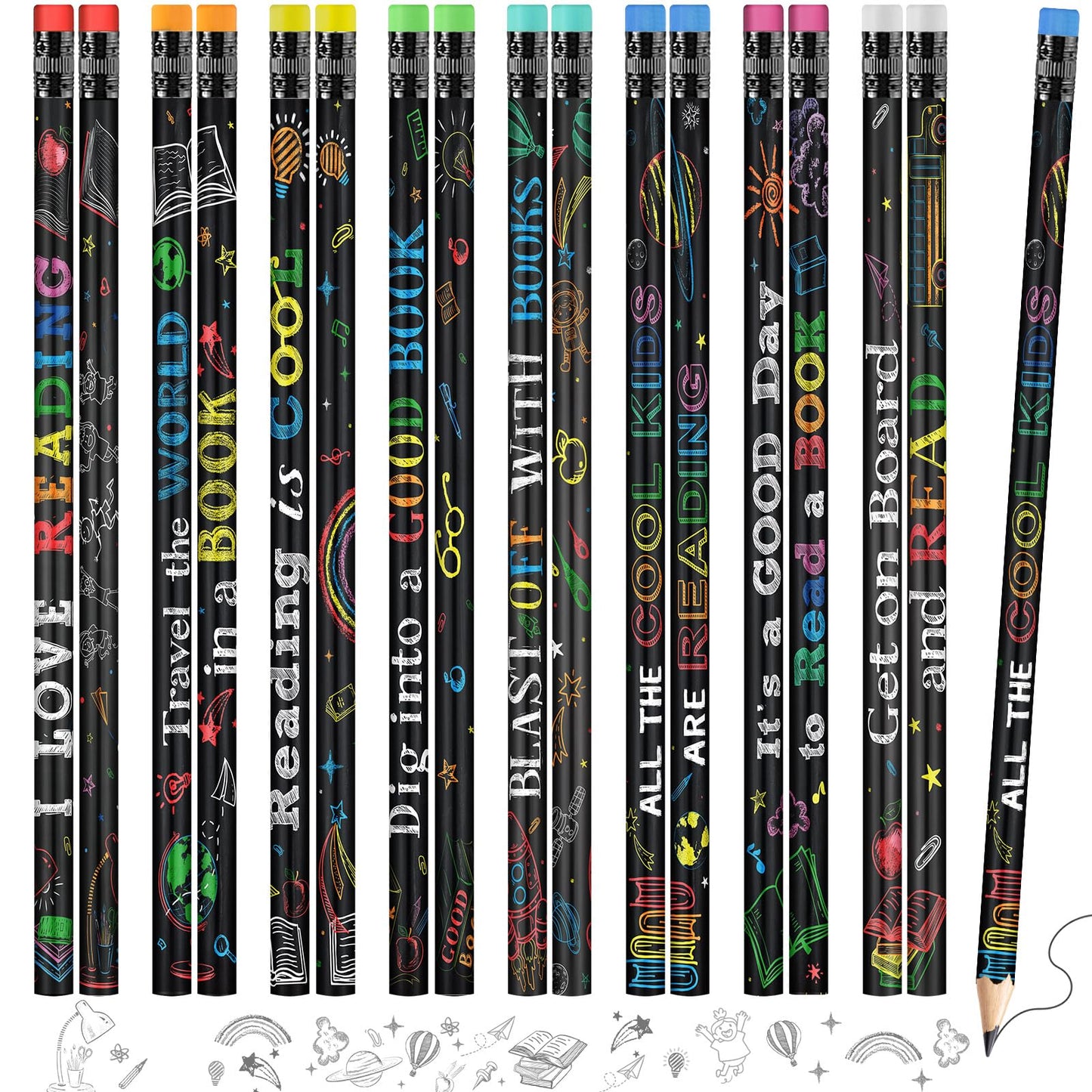 Pasimy 480 Pcs Reading Motivational Pencils Bulk Black Novelty Wooden Pencils with Eraser Classroom Inspirational Pen with Sayings for Kids Student Teacher School Reward Gifts Stationery Party