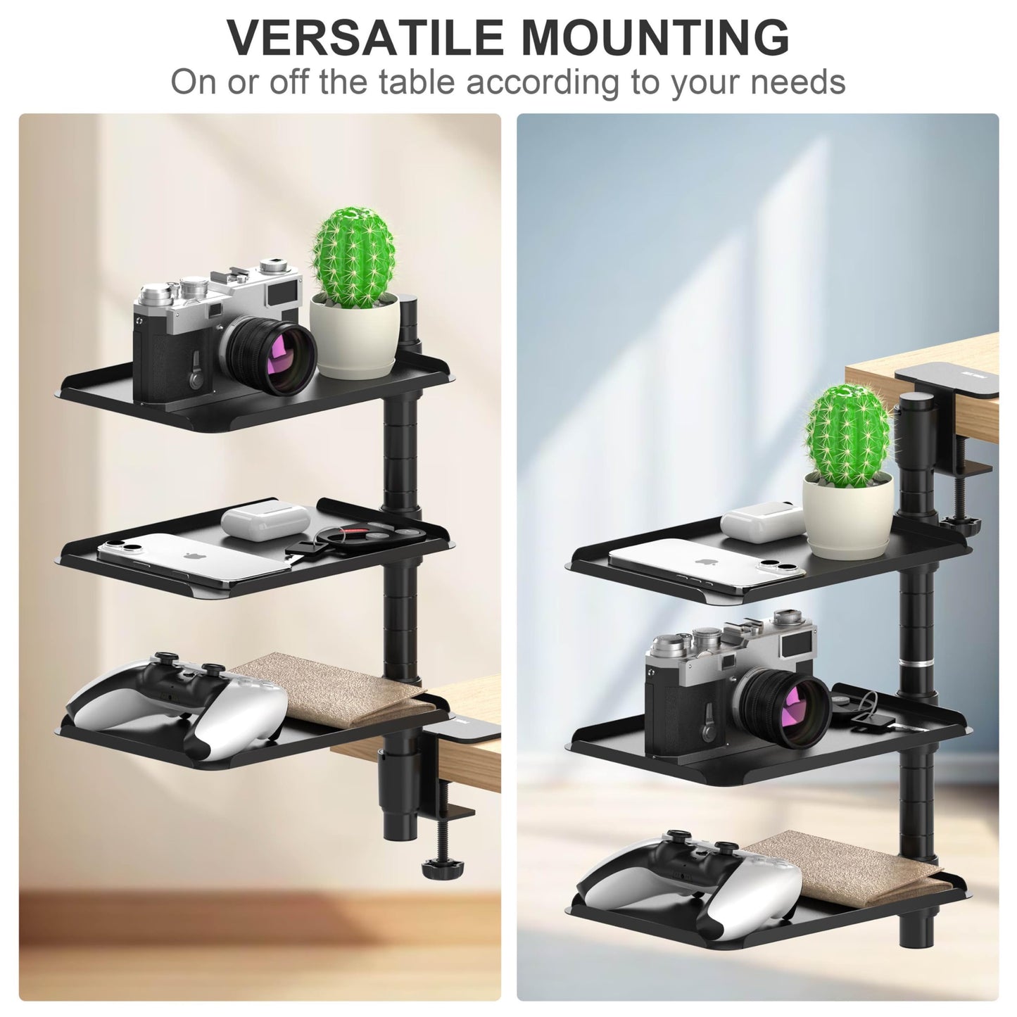 POWNEW 3 Tier Metal Clamp On Desk Shelf - 360° Rotatable Above/Under Table Storage, Adjustable Desktop Organizer for Home Office & Gaming, Storage Tray for Devices & Accessories