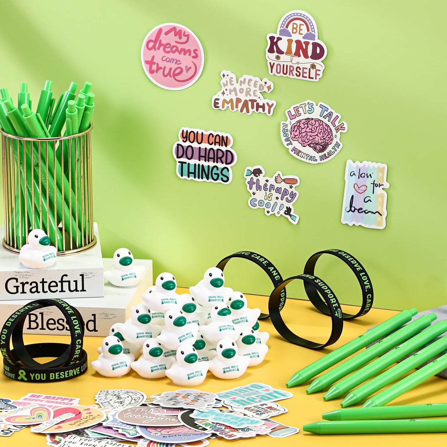 Fuyoooo 415 Pcs Mental Health Awareness Items Gifts Bulk Green Ribbon Bracelets Pens Rubber Ducks with Inspirational Stickers for Mental Health Awareness Suicide Prevention Charity Giveaways