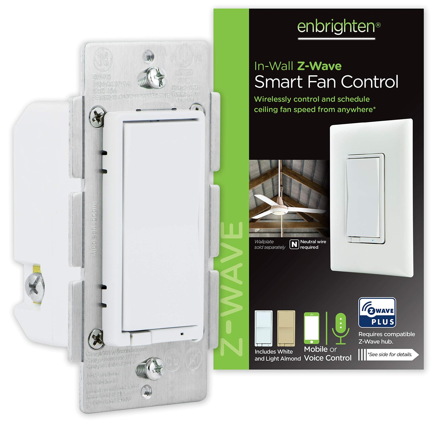 Enbrighten Z-Wave Plus Fan Control, Works with Alexa, Google Assistant, 3-Way Compatible, ZWave Hub Required, Repeater/Range Extender, Smart Ceiling Fan Control, Smart Switch, White & Almond, 14314