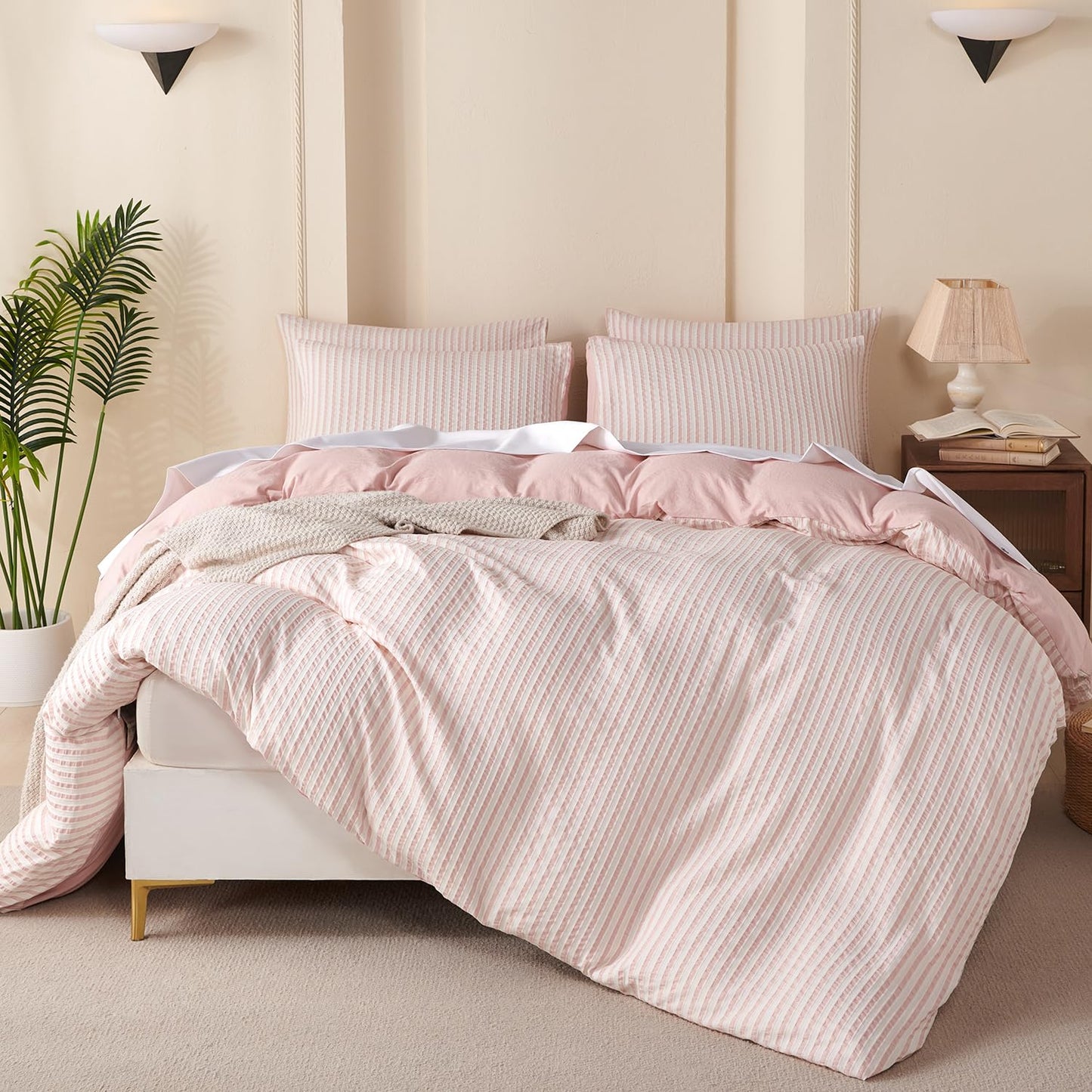 BUPIRD Pink Comforter Set Queen Size Striped 100% Soft Washed Microfiber Jacquard 3 Pieces Striped Bedding Sets Pink White Comforter Queen for All Seasons and 2 Pillowcases Comfort Breathable