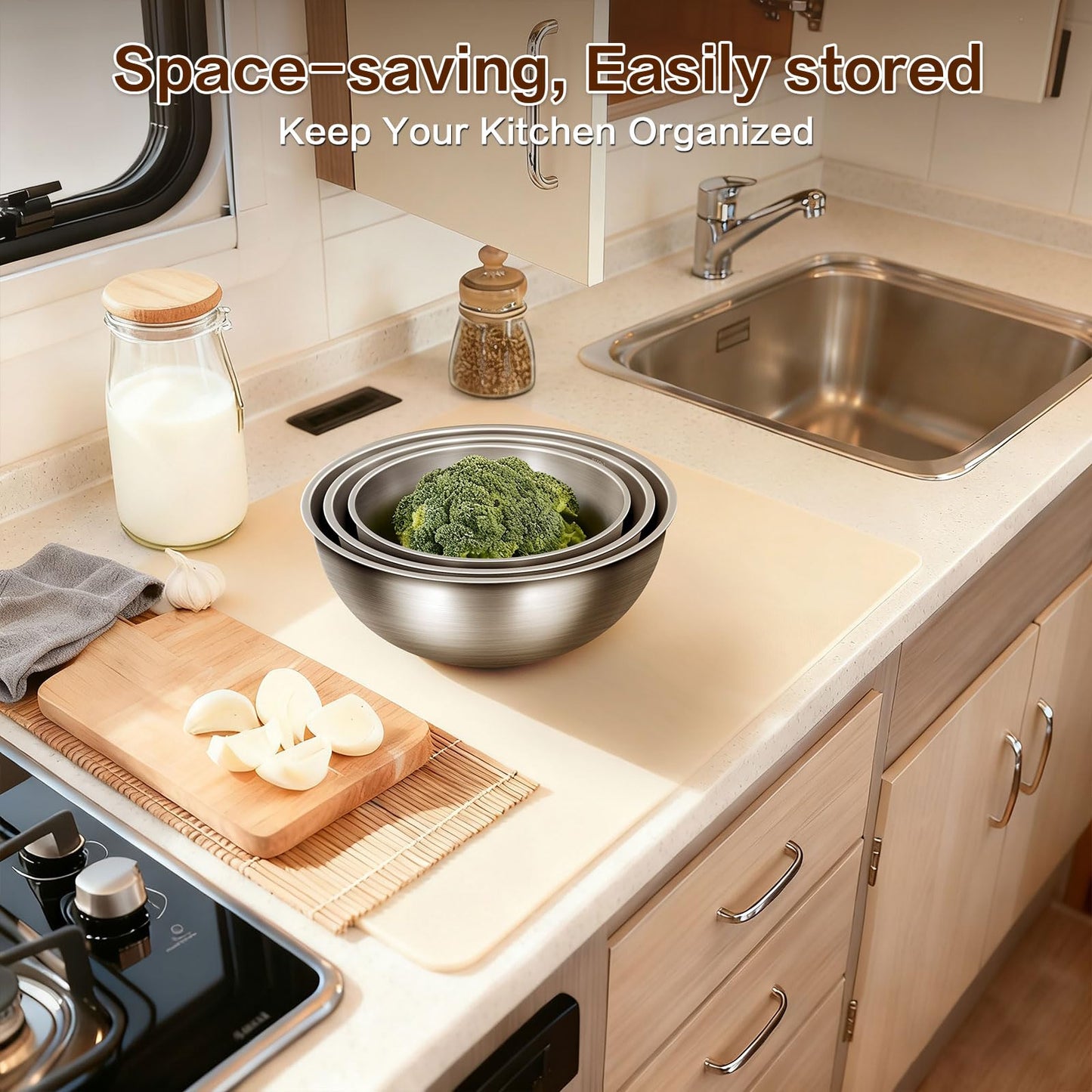 Gronivex Metal Mixing Bowls, 304 Stainless Steel, Set of 3 (1.5, 2.2 & 3.4 Qt) – Thicker-Gauge, Stackable Nesting & Space-Saving – Classic Everyday Bowls for Baking, Salad Prep & Cooking