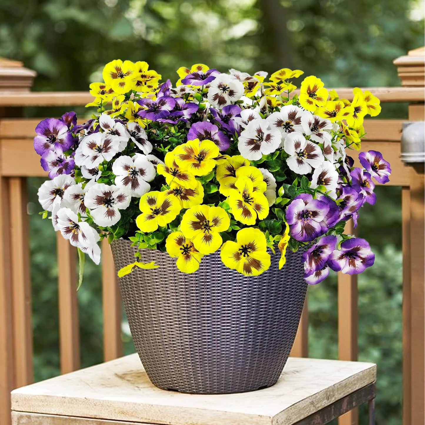 BRIGEA 12 Bundles Artificial Pansy Flowers for Outdoor Faux Silk Flowers UV Resistant for Porch Balcony Patio Garden Home Decor