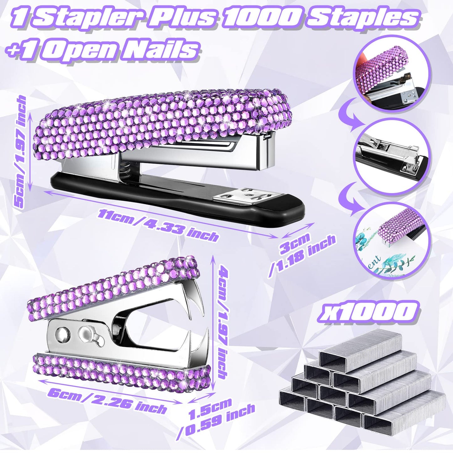 Yunlly 6 Pack Bling Office Stationery Set Desk Accessory Office Set Includes Pen Scissor Stapler Staple Remover 1000 Pcs Staples Tape Dispenser with Diamond Inlay for Home Desk(Purple)