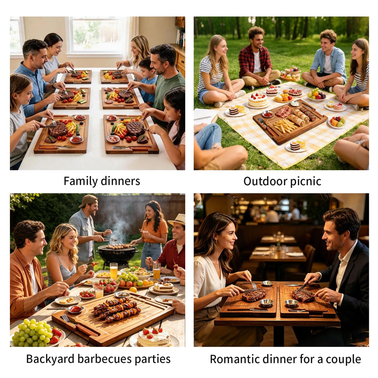 2 Set Acacia Wood Steak Plates Board with Knife Fork Ramekins,Knife-Friendly Food Serving Tray Deep Juice Groove Charcuterie Meat Cutting Boards for Dinner BBQ Party Restaurant & Housewarming Gifts