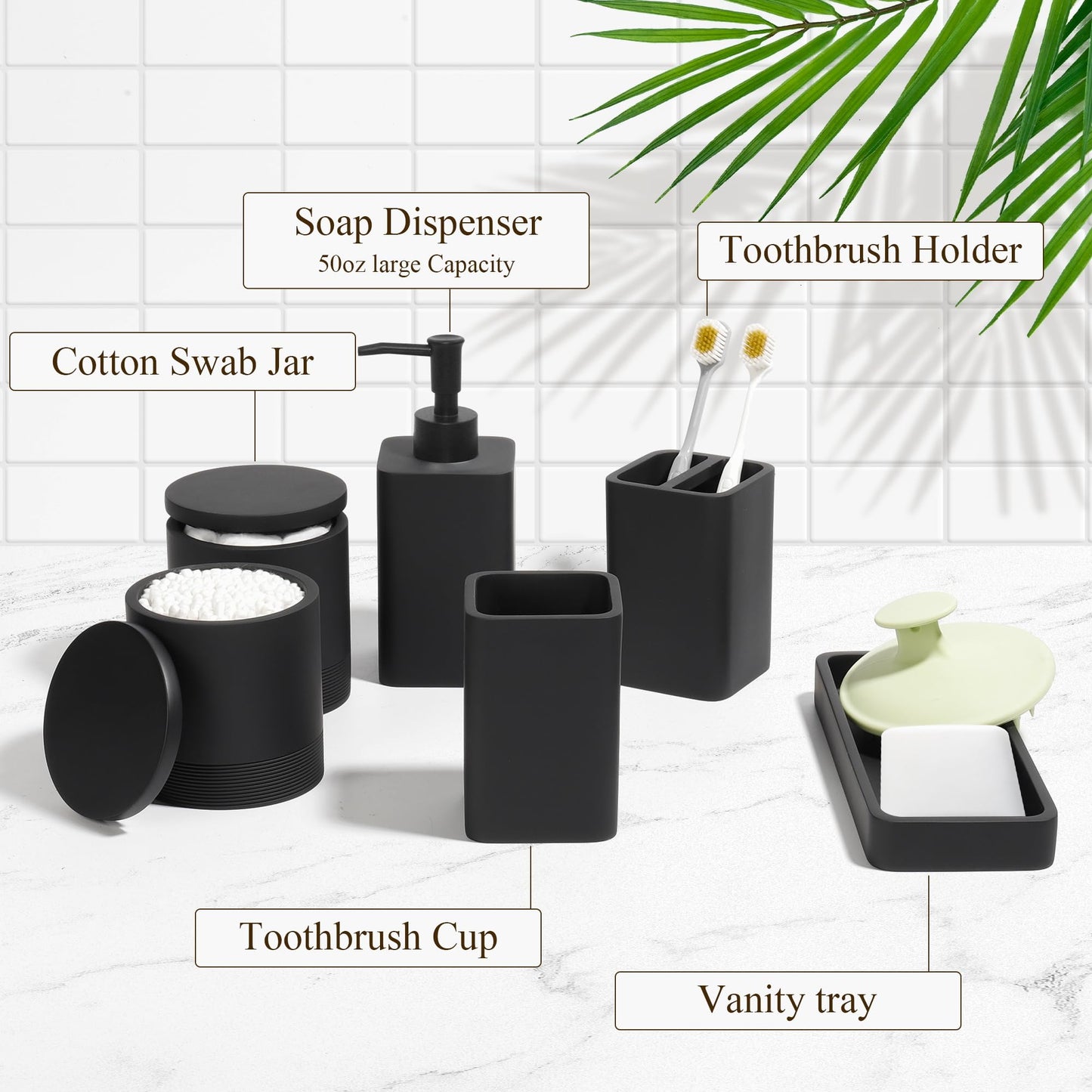 YMXYJM Bathroom Accessories Set, 6 Piece Bathroom Set with Toothbrush Holders, Soap Dispenser, Vanity Tray, Tumbler, Cotton Swab Jars, Bathroom Organizer，Bathroom Sink Sets, Matte Black