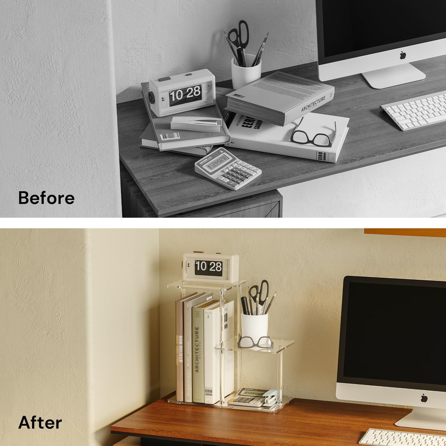 CRTERICX Acrylic Desktop Bookshelf, 7.9" D x 15" W x 15.3" H, Small Desktop Shelves Organizer, 3-Tier Clear Mini Table Top Shelf for Office Supplies and Desk Accessories, Easy Assembly