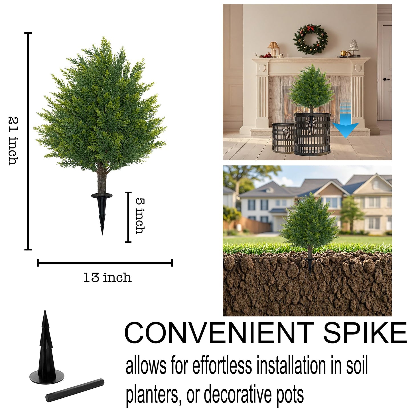 21'' Artificial Cedar Topiary Ball Trees with Ground Spike, 2 Pack Artificial Shrubs, UV Resistant Fake Plant Brush for Indoor Outdoor Front Porch Garden