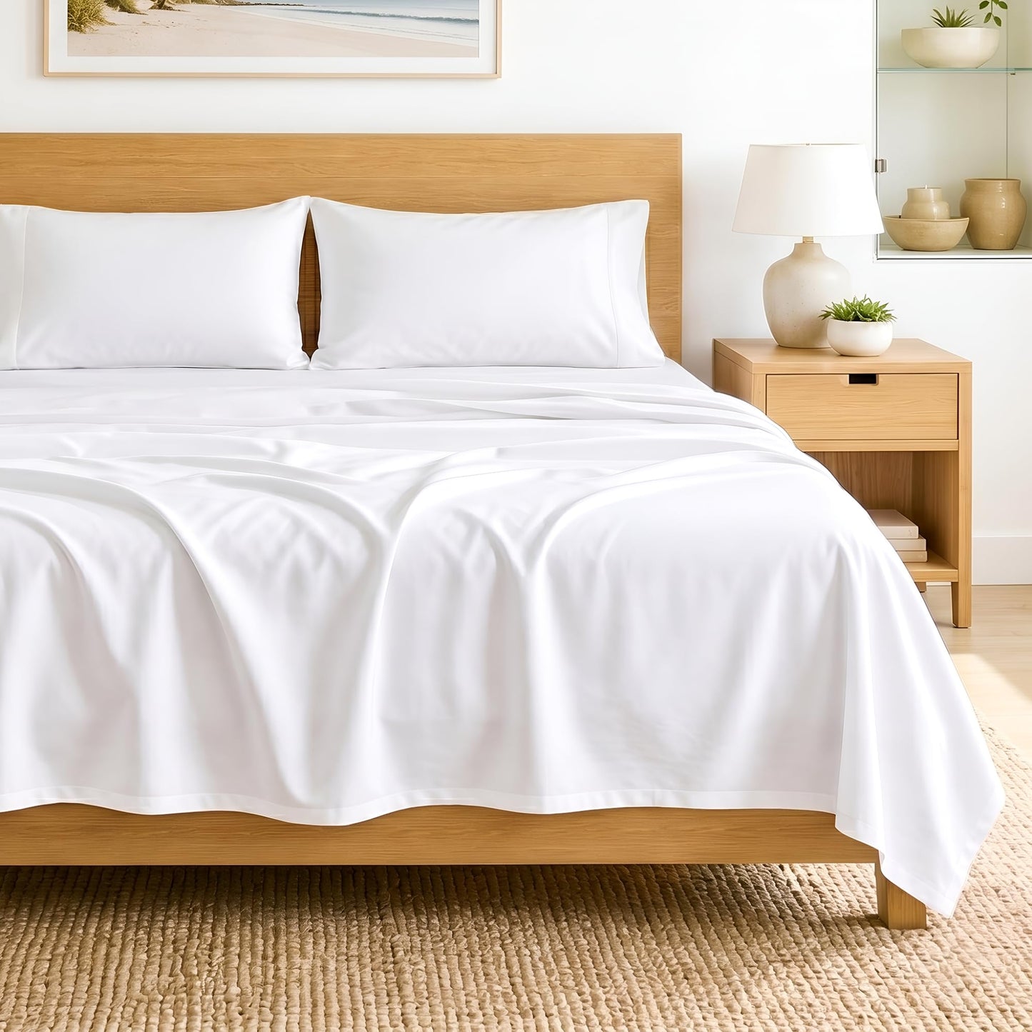 SGI bedding Queen Sheet Set – 100% Egyptian Cotton Sheets for Queen Size Bed, 600 Thread Count Sateen Weave, Cooling & Breathable, 15" Deep Pocket, Hotel Luxury Soft Bed Sheets Set, White