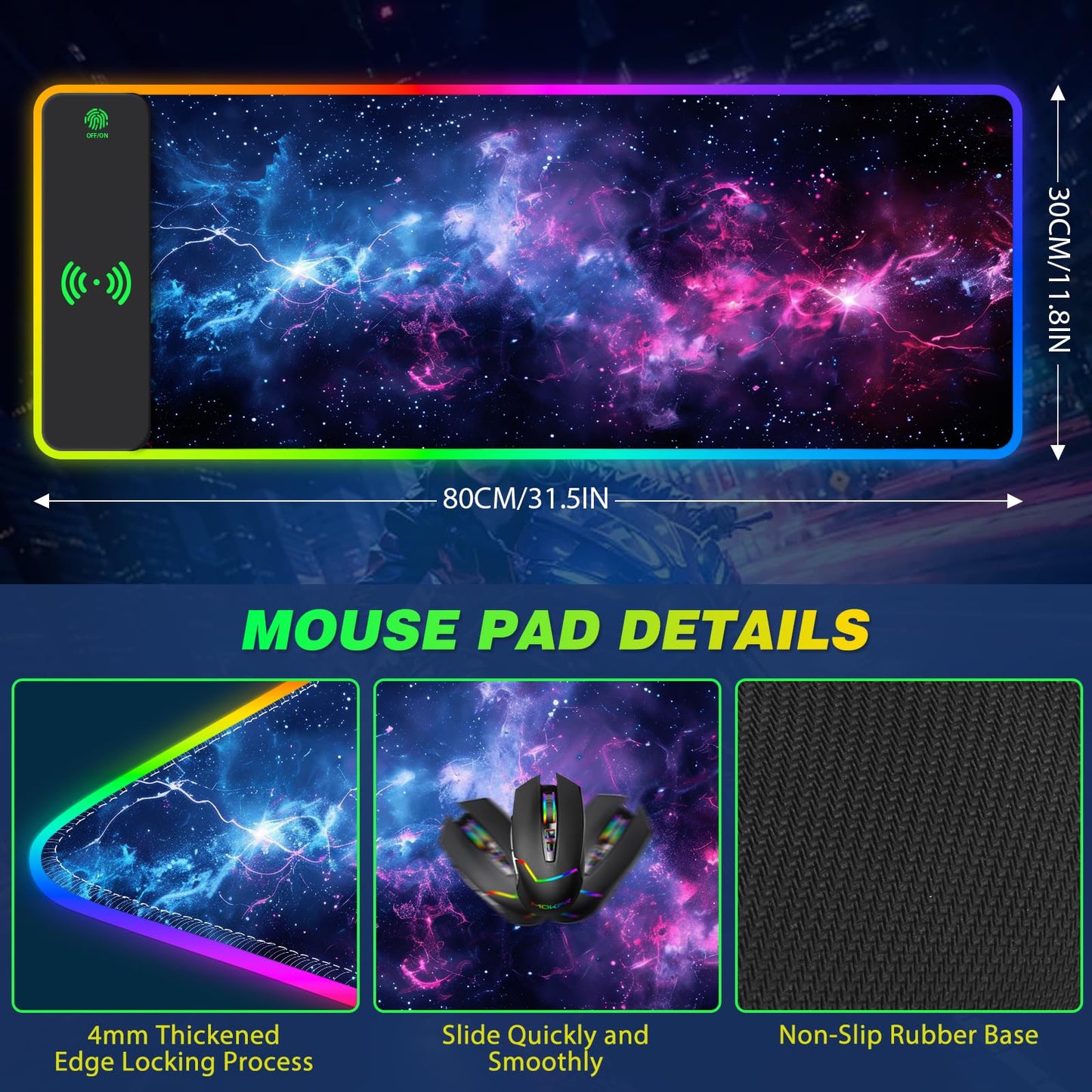 AIMSA RGB Gaming Mouse Pad with Wireless Charging, Large Keyboard Mouse Pad with 14 LED Light Modes, Non-Slip Rubber Base Waterproof Desk Pad for Home Office Decor, Blue Purple Cosmic Nebula