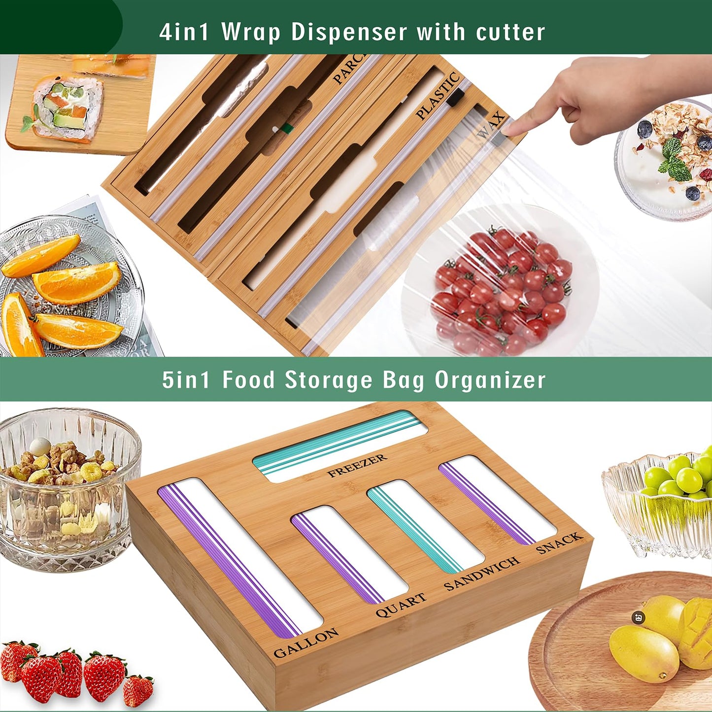 FifanQiQi 9 In 1 Storage Bag Organizer And Plastic Wrap Dispenser With Cutter, Bamboo Foil and Plastic Wrap Organizer