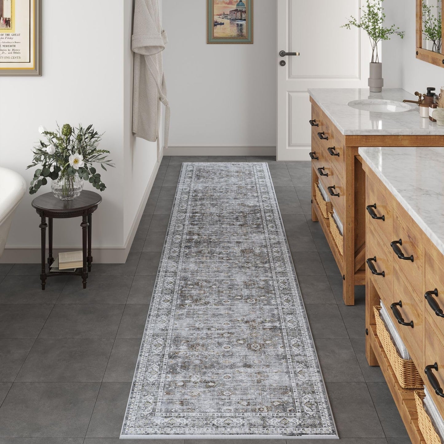 Rugcomf Washable Kitchen Runner 2'7"x12' - Long Hallway Runner Rug Non Slip, Boho Carpet for Hallways, Entryway, Hall, Bathroom - Grey