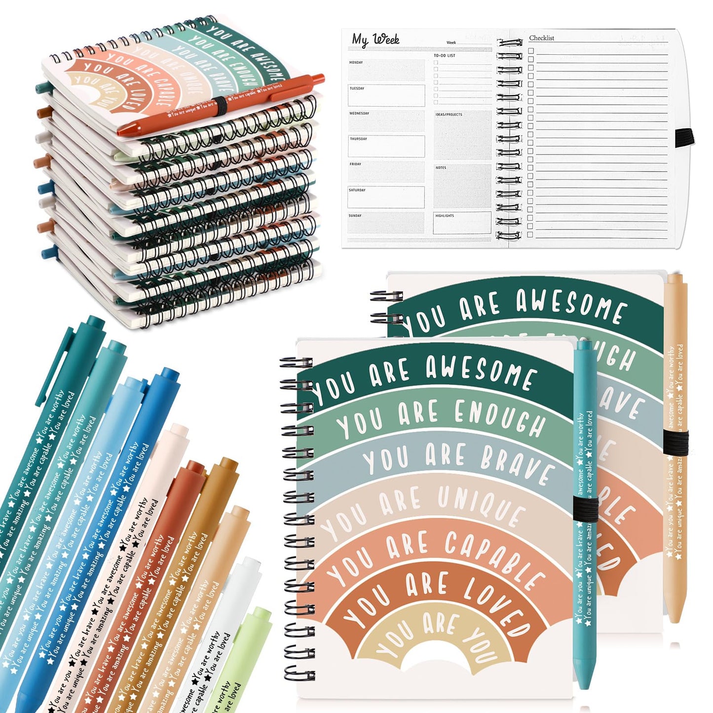 Thenshop 60 Pcs Mental Health Awareness Gifts Bulk 30 Self Care Notebook Journals 30 Positive Affirmation Pens for Women Office Staff Nurse Teacher Appreciation Student End of Year Gifts (Rainbow)