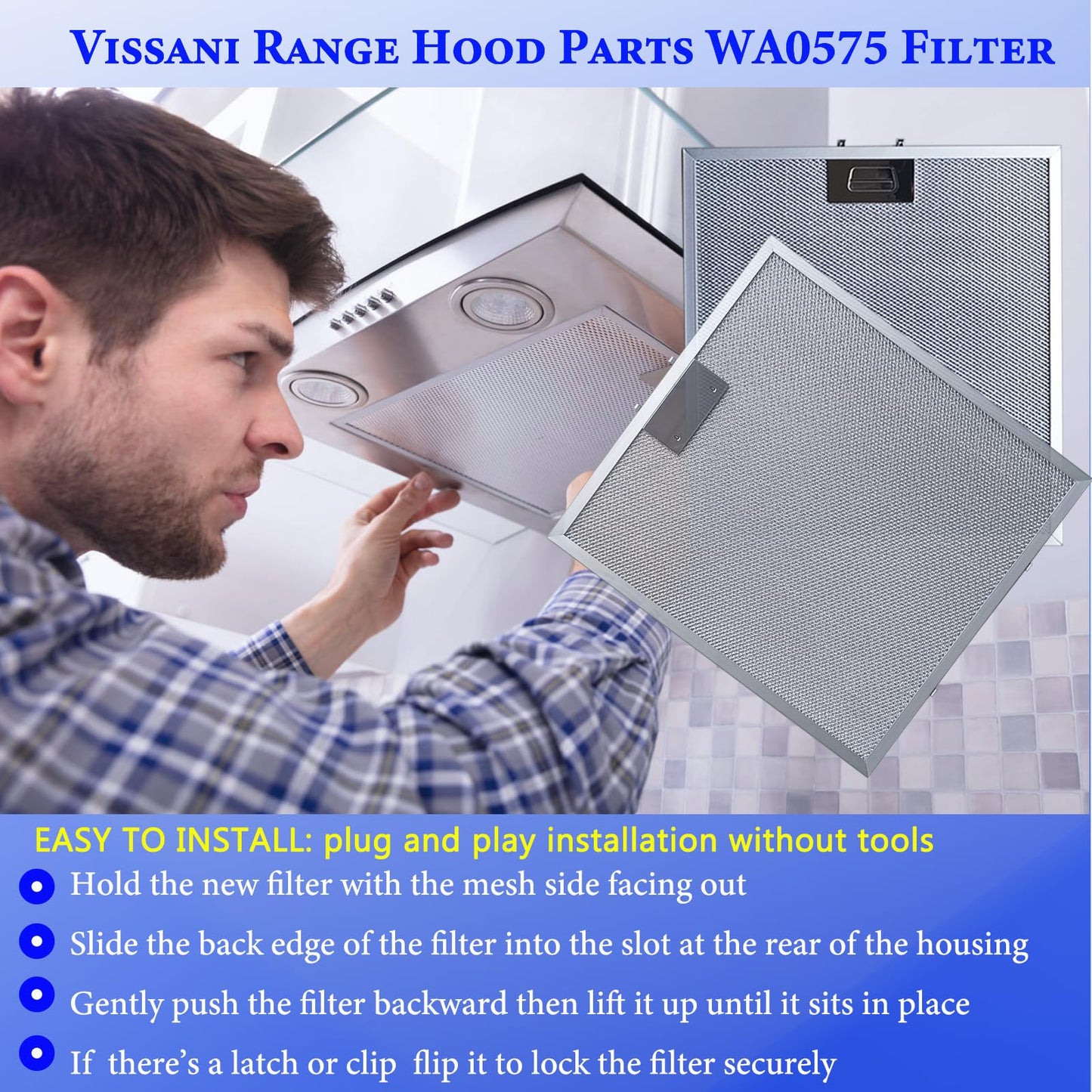 2-Pack WA0575 Range Hood Filters13.5" x 14.37" Fits COSMO COS-5U30 Vissani 30-inch Pyramid and WA0575 Wall Mount 5-Layer Stove Vent Grease Filter Replacement With Stainless Latch
