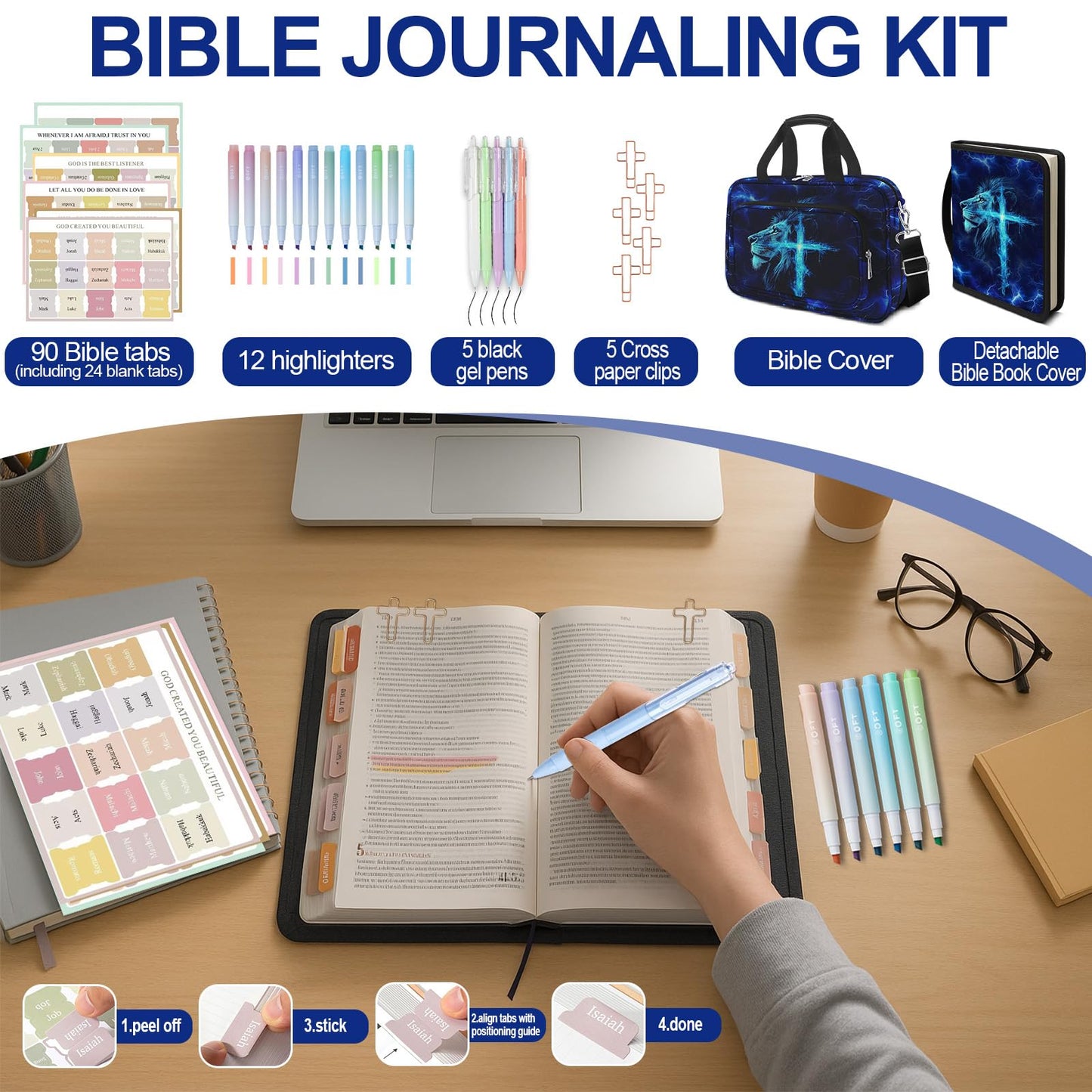 IBOVODI Lion Cross Large Bible Cover Case for Boys with Handle Zipper Pocket, Bible Study Supplies Journaling Kit Book Carrying Case with Pens Highlighters Cross Clips, Christian Gifts for Men Blue
