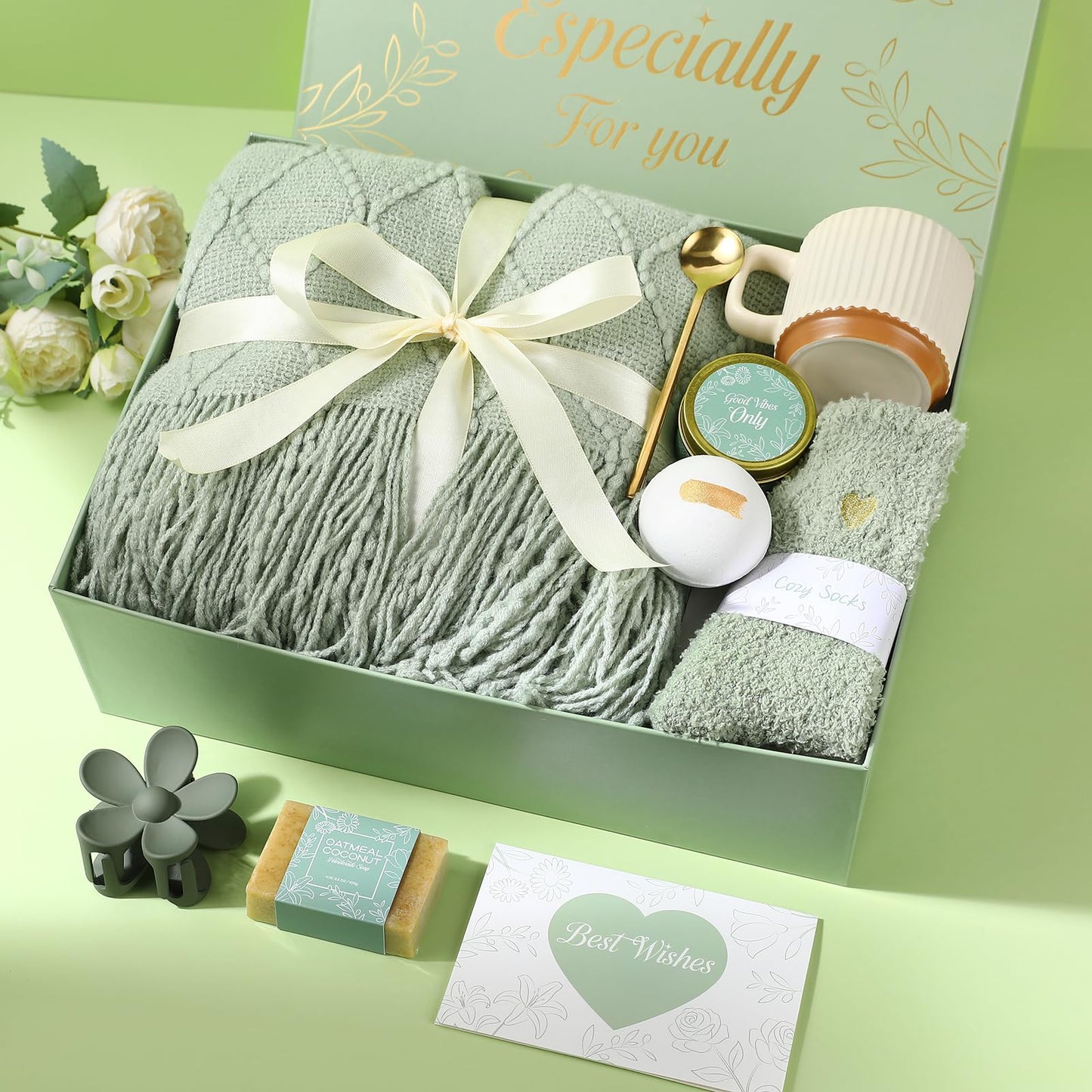 ENJOLLY Get Well Soon Gifts Baskets for Women Self Care Gifts,Birthday Gifts for Women Spa Care Package, Set for Mom Wife Girlfriend Sister Best Friend (Green)