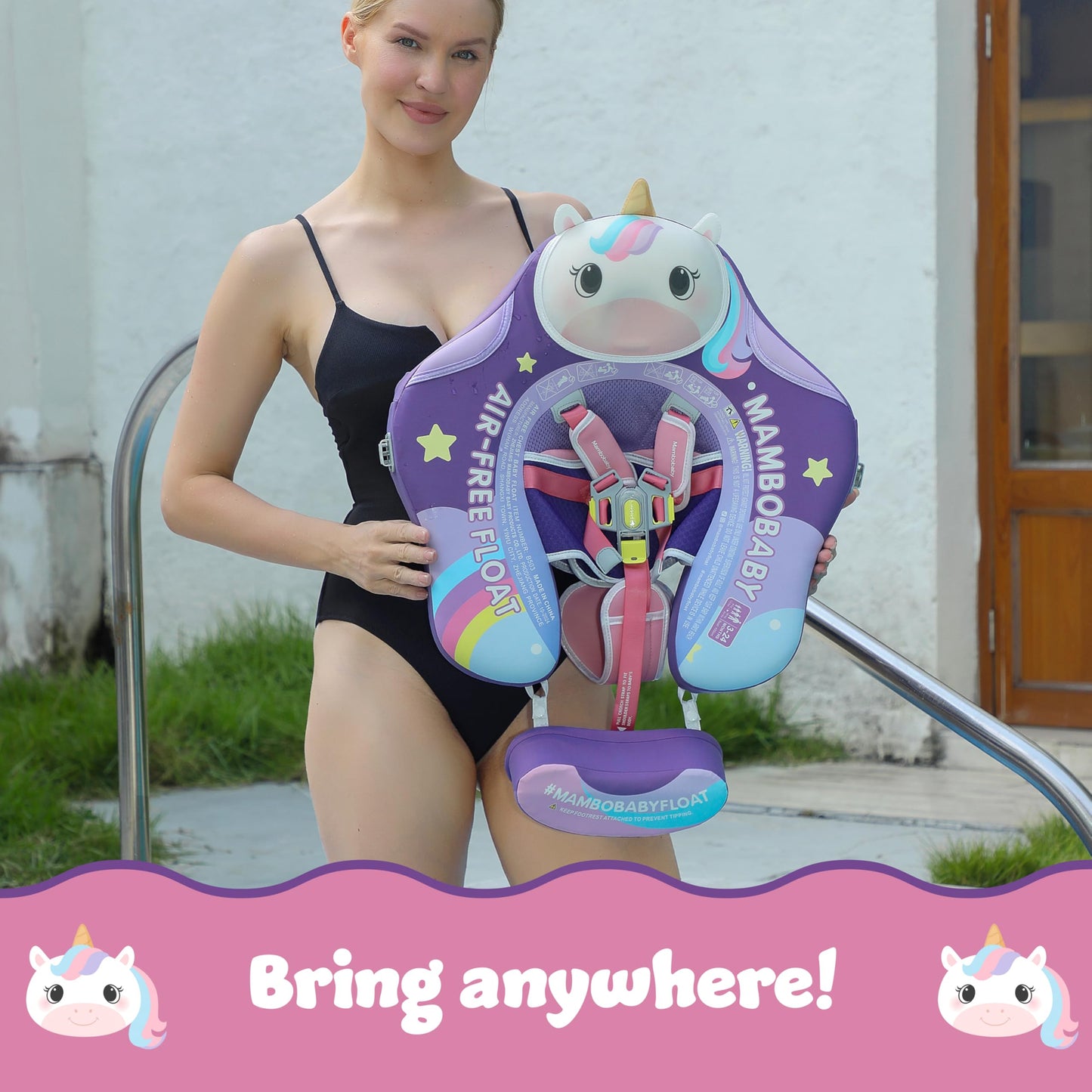 MAMBOBABYFLOAT Sunny Navigator Baby Pool Float with Canopy 2025 — Safe, Comfortable, Adjustable Float w/Sun Protection, Air-Free Foam Technology, 5-Way Buckle System - Unicorn, Pink