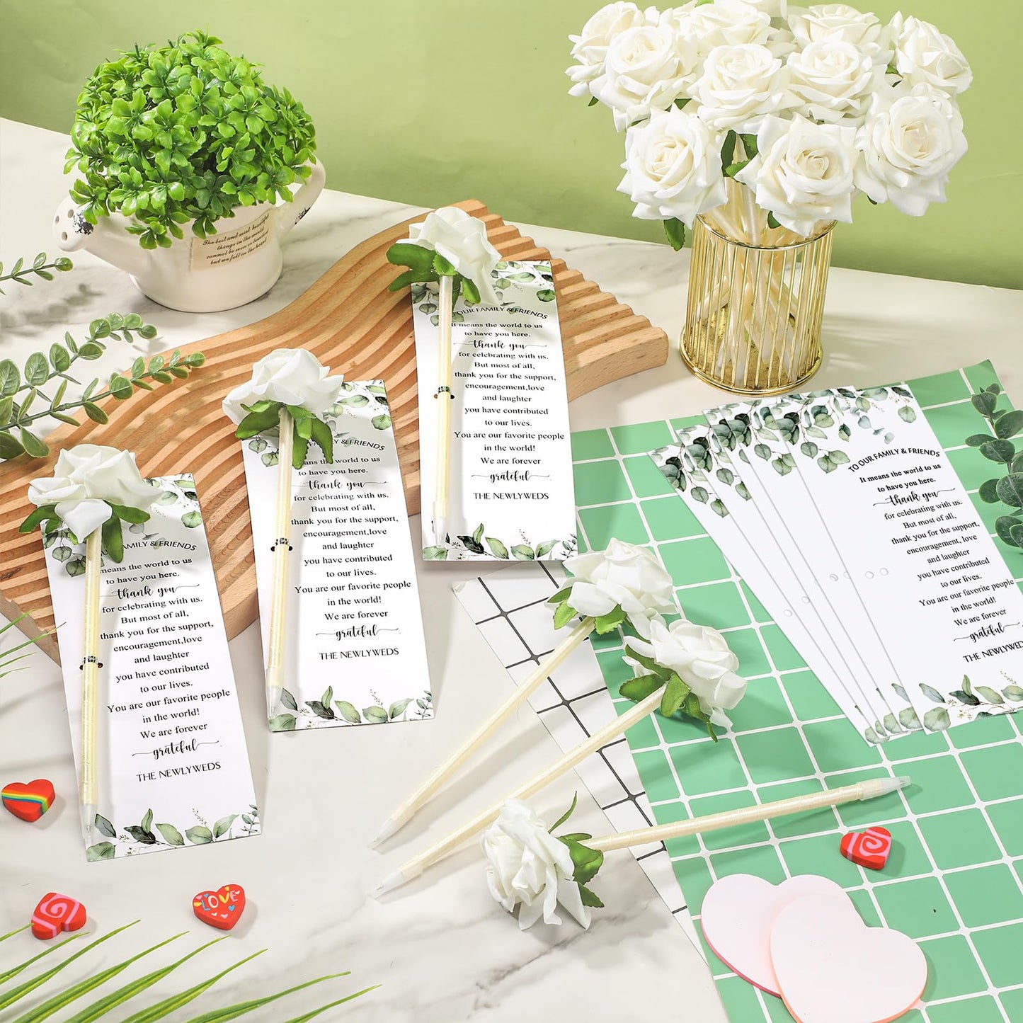 Spakon 36 Set Wedding Favors Pens for Guests Bulk - Bridal Shower Artificial Rose Flower Pen Thank You Cards with Twine Ballpoint Pen Black Ink for Wedding Games Office Proposal Gift(Cute Style)
