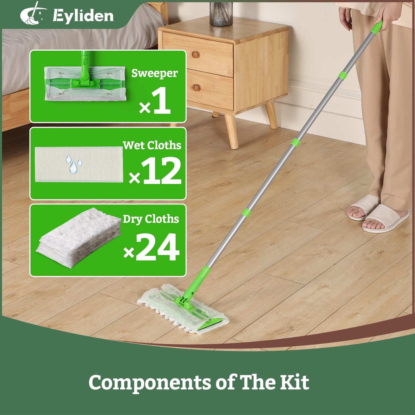 Eyliden Sweeper Mop with 36 Refills - 3 Types of Disposable Dry & Wet Cloths | Lock-Tight Design No Lost Pads, Universal Refills, Multi-Surface Sweeping Starter Kit for Pet Hair, Dust, Floor Cleaning