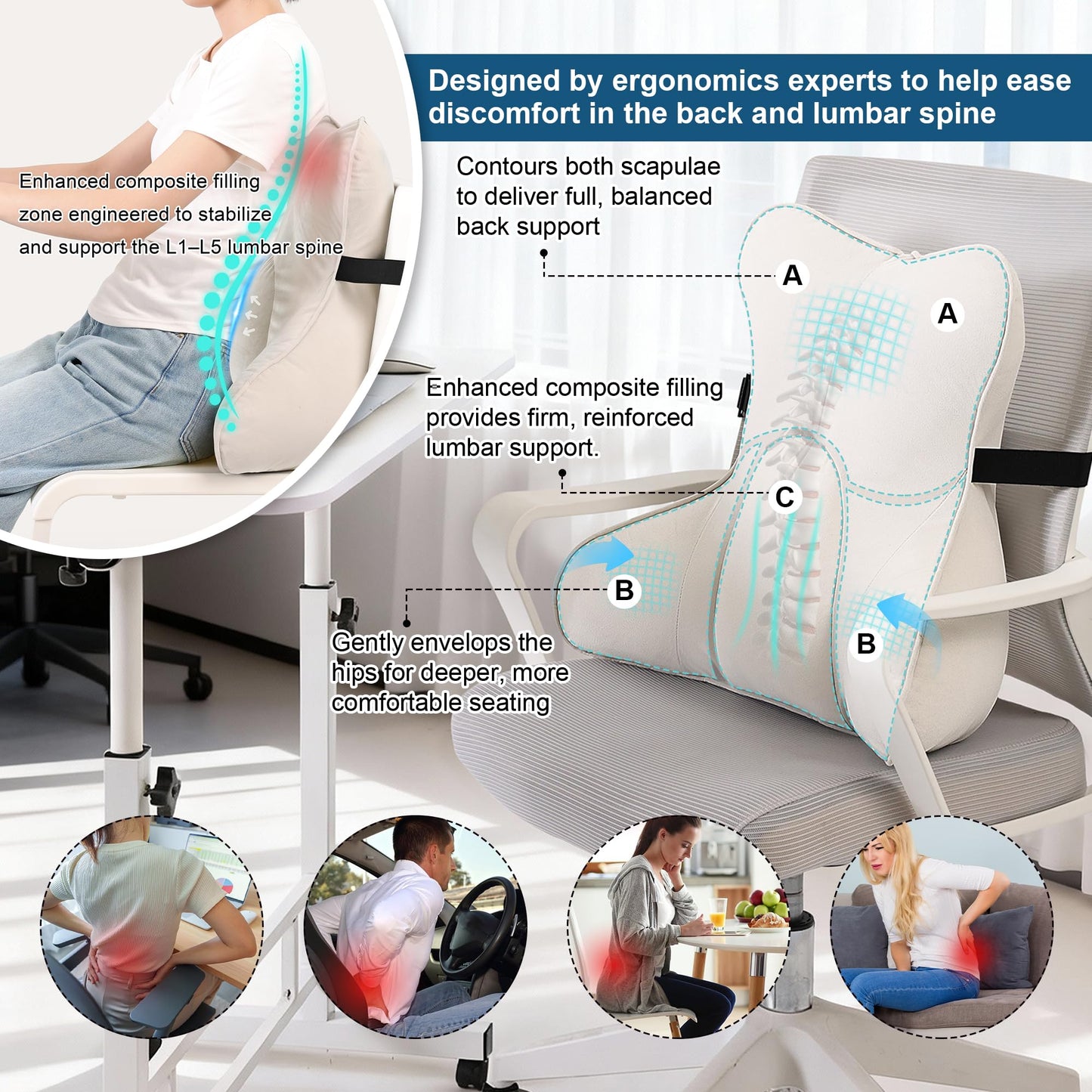Ailuteie Lumbar Support Pillow(Pat. Pend) – Multi-Functional Ergonomic Back Cushion for Sofa Chair, Car Seat & Sofa, Reading Pillow with Firm Multi-Zone Support to Relieve Lower Back Pain, Misty White