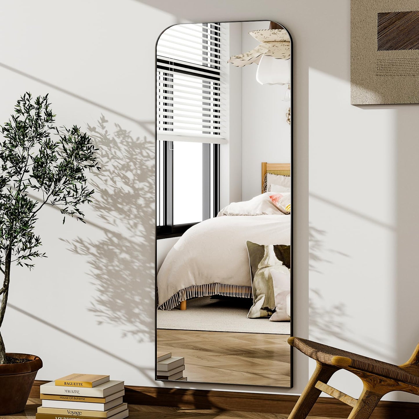 HARRITPURE 57"x20" Full Length Mirror, Black Rounded Corner Aluminum Frame Standing Mirror, Hanging/Leaning Wall Floor Mirror with Stand for Living Room Bedroom Cloakroom