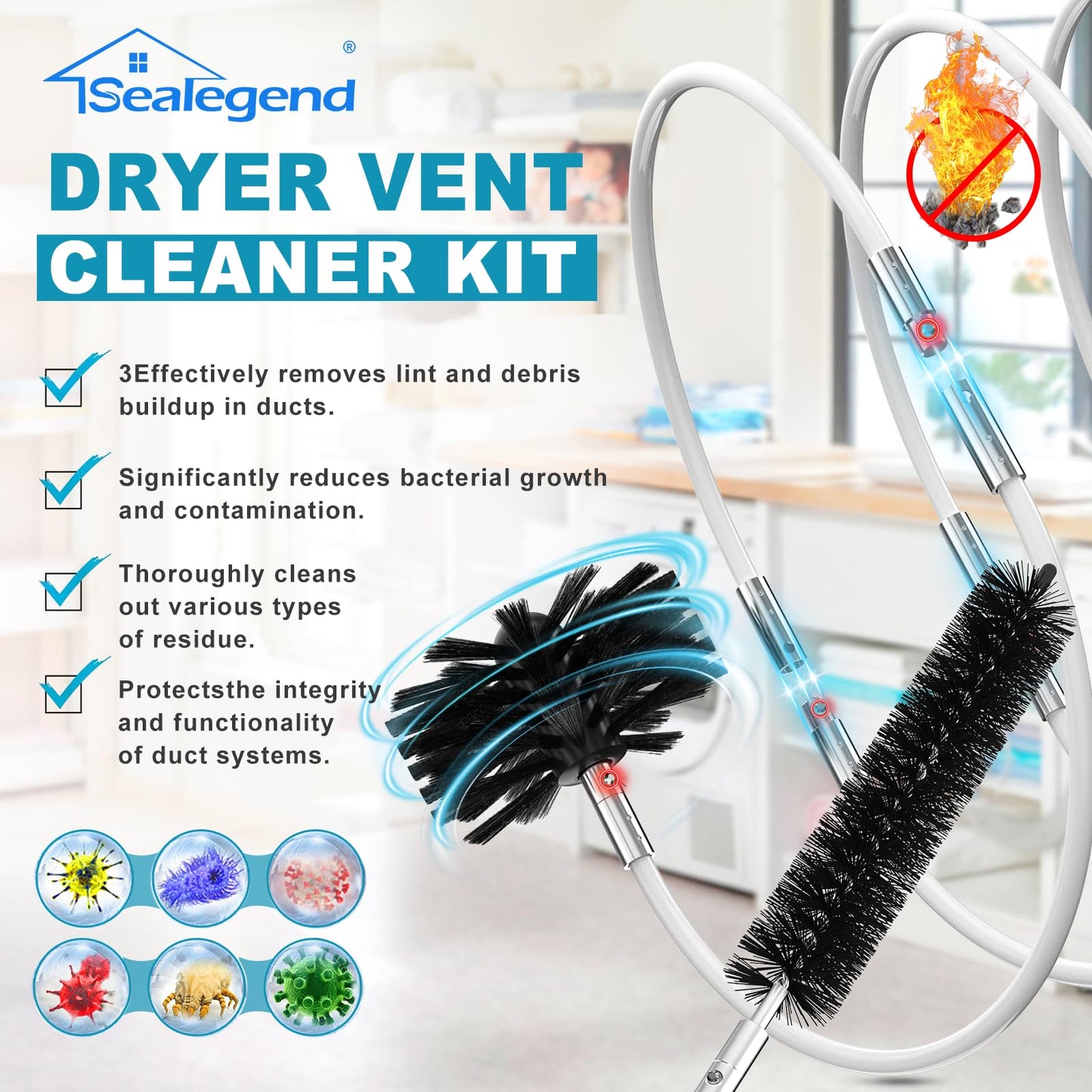 Sealegend 60 Feet Dryer Vent Cleaner Kit/Lint Remover/2×Upgraded Flexible Quick-Snap Brush/Fireplace Chimney Brushes for Easy to Use/Works Well with/Without a Power Drill
