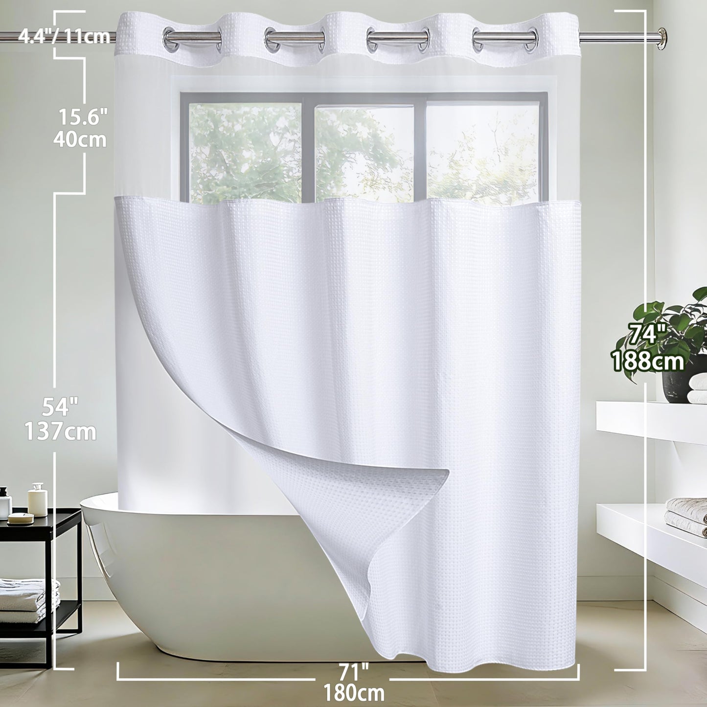 Conbo Mio No Hook Waffle Weave Shower Curtain with Snap in Liner Set, Hotel Luxury White Shower Curtains for Bathroom with See Through Top Window, Waterproof, Washable 71W x 74H