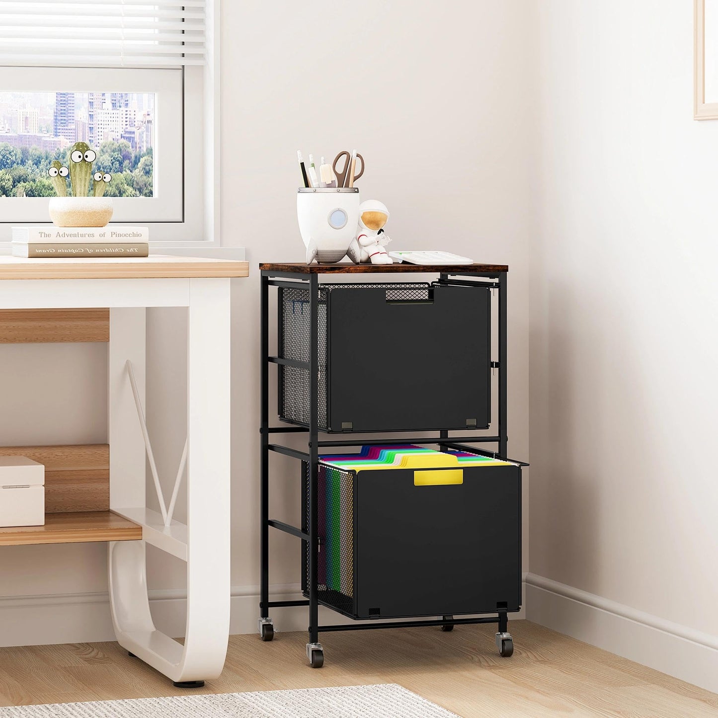 EasyPAG Rolling Storage Cart with 2 Drawers, Under Desk File Cabinet on Lockable Wheels, Movable Letter Size Hanging File Folder Organizer with Wooden Printer Stand for Home Office, Black