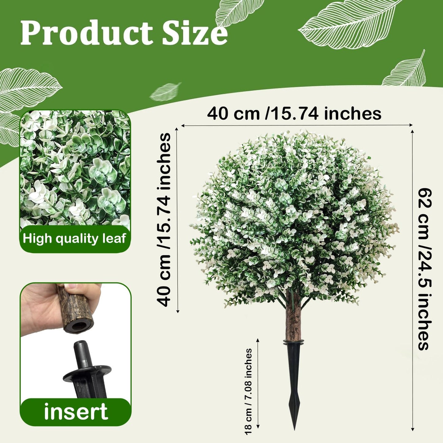 24.5" Artificial Boxwood Topiary Ball Trees with Spikes – Fake Bushes Eucalyptus Shrubs 2 Pack, UV Resistant Faux Plants Foliage for Outdoor Planters Porch Garden Indoor Office, Spring Decor – White