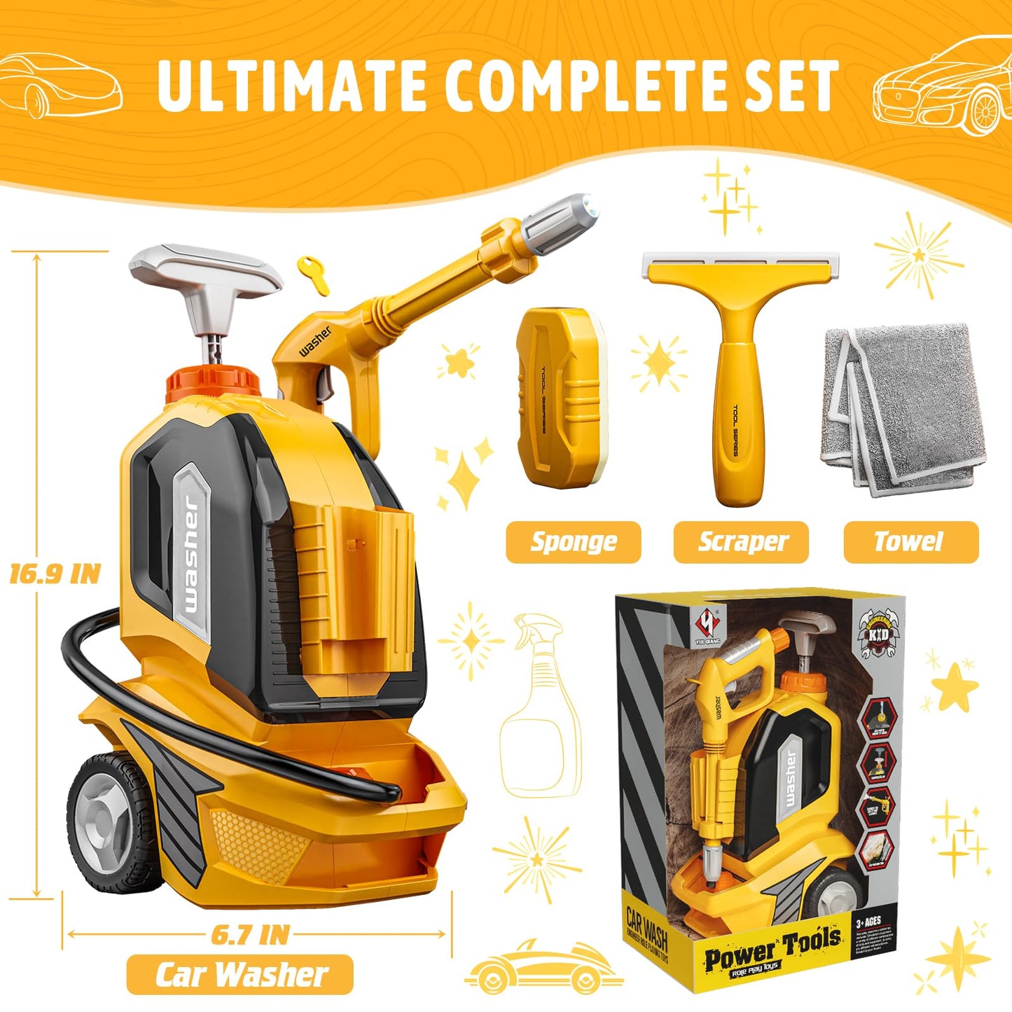 Kids Clean Car Wash Toy - Kids Power Washer with Scraper Sponge Towel, Manual Pressure, Adjustable Water Gun Spray, Pretend Play Tools Role Playing Cleaning Toys Gift for Toddler Boys Girls Ages 3+