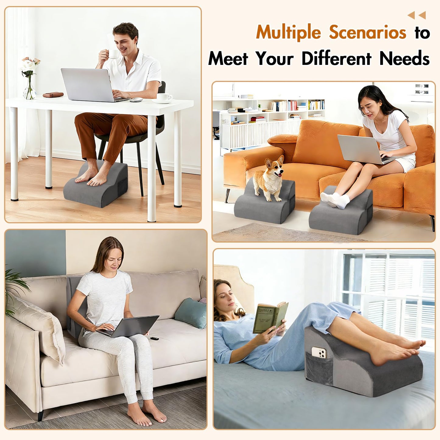 Echaprey Foot Rest for Under Desk at Work,Adjustable Under Desk Footrest Multifunctional 3-Tier Foot Stool with Non-Slip Base and Washable Cover Ergonomic Foot Stool for Office,Home,Car,Travel (Grey)