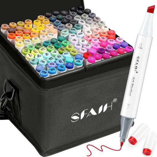 SFAIH Alcohol Markers Chisel & Fine - 121 Colors[Color Leap, Gradient Perfected] Markers for Coloring Books Illustration Sketch Art Design - Blending [Storage Box & No-Bleed Sheet & Card] Ideal Gift