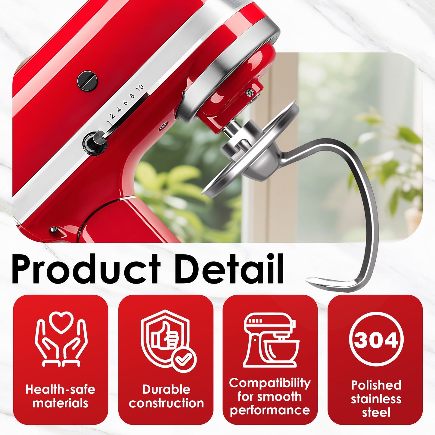Ezato 3-Piece Stainless Steel Mixer Attachment Kit for KitchenAid 4.5/5 QT Tilt-Head Mixers, K45WW Wire Whip, K45DH Dough Hook & K45B Coated Flat Beater, Baking Essentials Set, Dishwasher Safe
