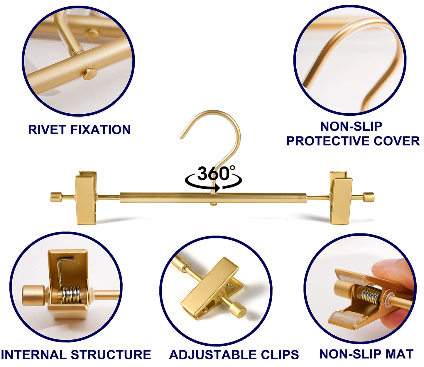 Amber Home 10 Pack Matte Gold Aluminum Pants Hangers, 12.2” Extra Smooth Metal Skirt Hangers with 2 Adjustable Non-Slip Clips, Light & Sturdy Metal Hangers for Shorts, Trousers & Slacks