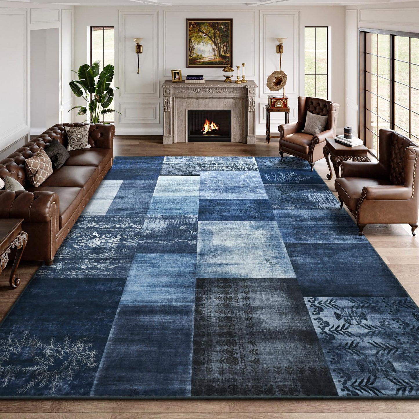 DweIke Washable Area Rugs 5x7 for Living Room, Modern Geometric Navy Blue Soft Patchwork Carpet, Non-Slip Stain Resistant Throw Rug for Bedroom Dining Room Office Home Decor