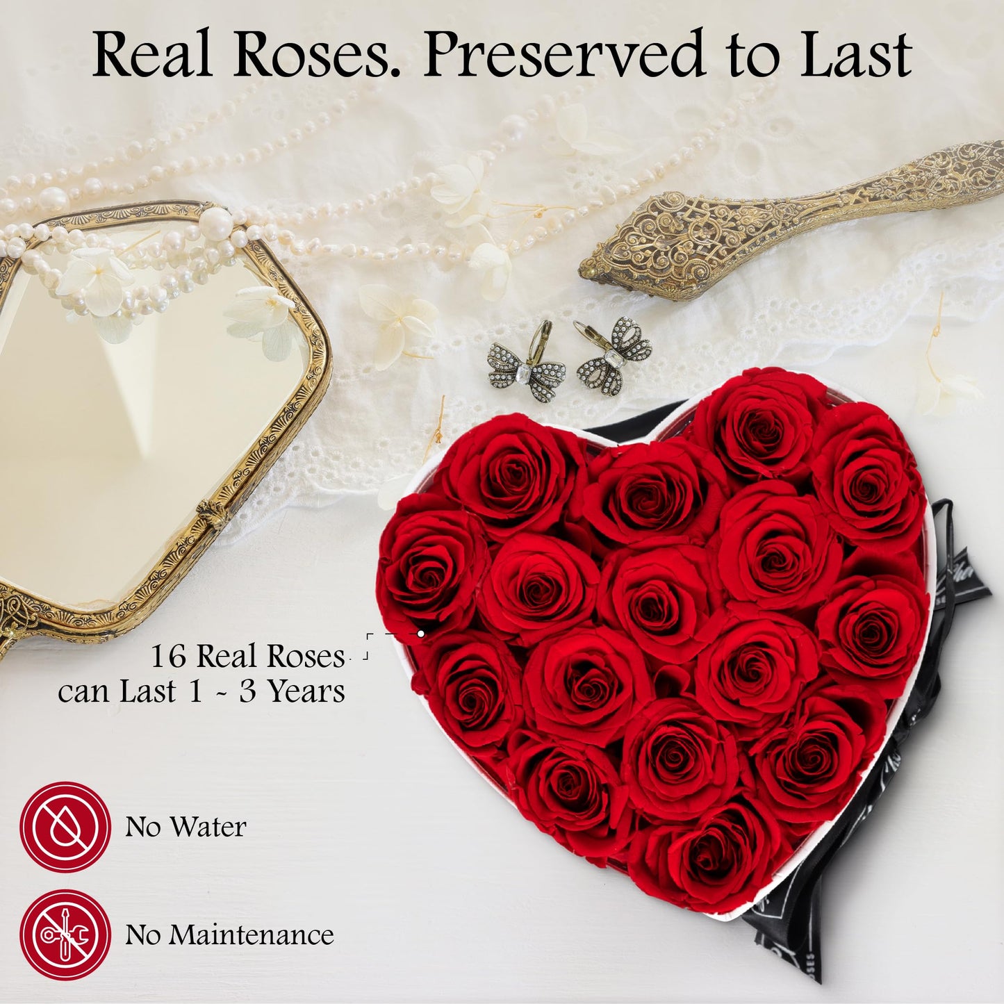 ma cherie roses - 16 Preserved Flowers in Elegant Heart Shaped Box, Mom Birthday Gifts, Gifts for Her, Mother's Day, Valentines, Red Roses, for Women