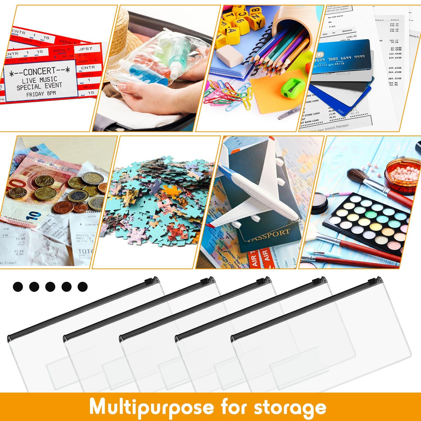Zhehao 200 Pcs Poly Zip Envelopes Bulk, A6 Size Clear Plastic Pencil Pouch with Label Zipper, 9.2 x 4.7 Inch Reusable Bill File Bag for Cash, Money (Black)