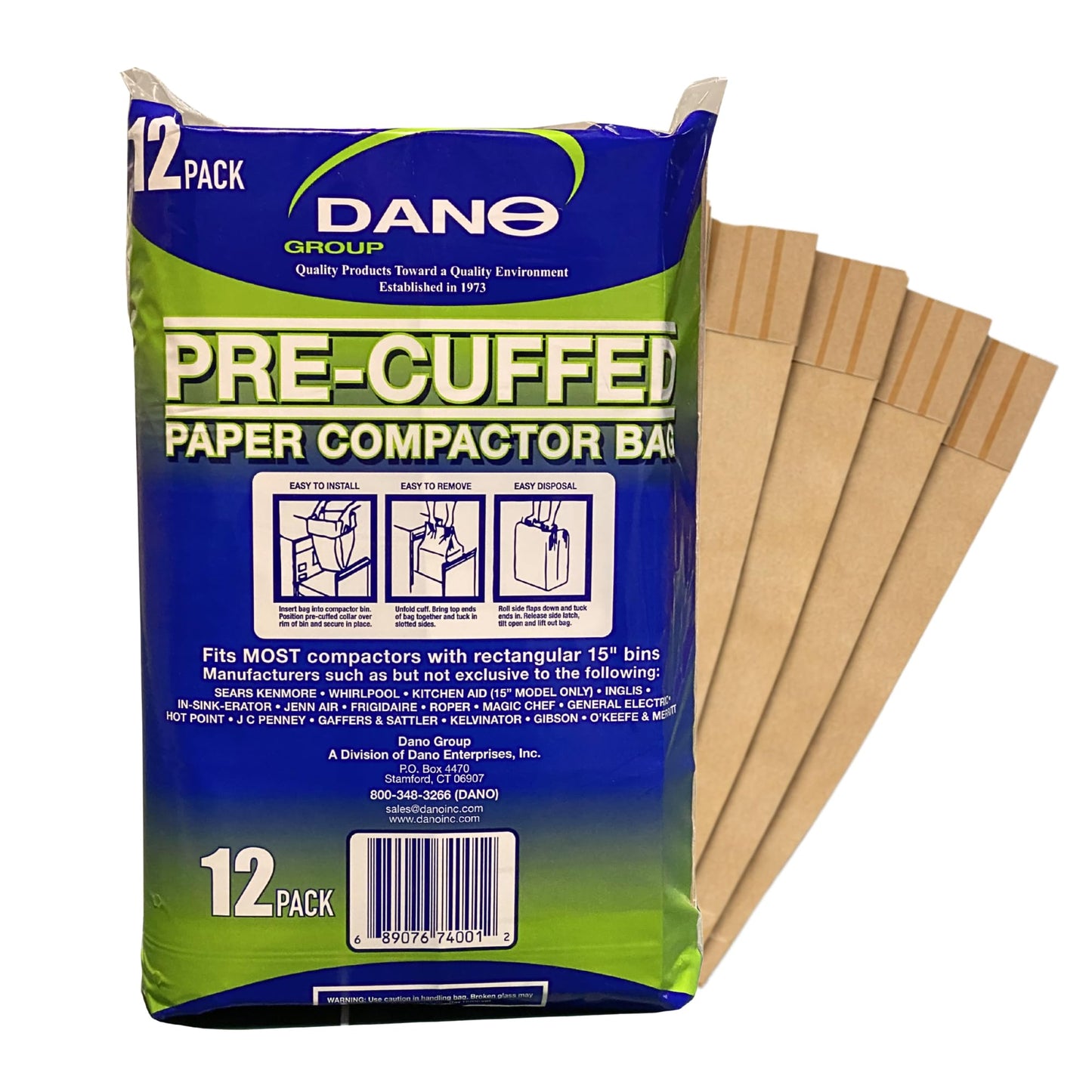 Dano Pre-Cuffed Paper Trash Compactor Bags (12 Pack) | Heavy Duty Kitchen Garbage Compactor Bags & Liners | 11 Gallon Precuffed Garbage Bag for Compactor | Eco-Friendly Trash Compactor Bag