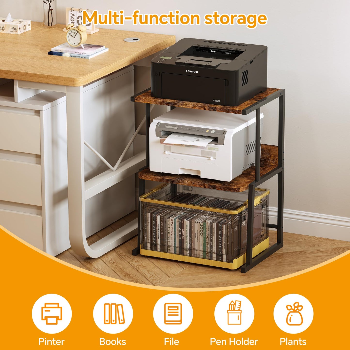 Homeiju 3-Tier Printer Stand for Desk, Desktop Printer Shelf, Heavy Duty Metal Frame Wood Shelf for Home Office Holds Up to 50lbs, Space-Saving Desk Organizer forfor Home Office, Rustic Brown